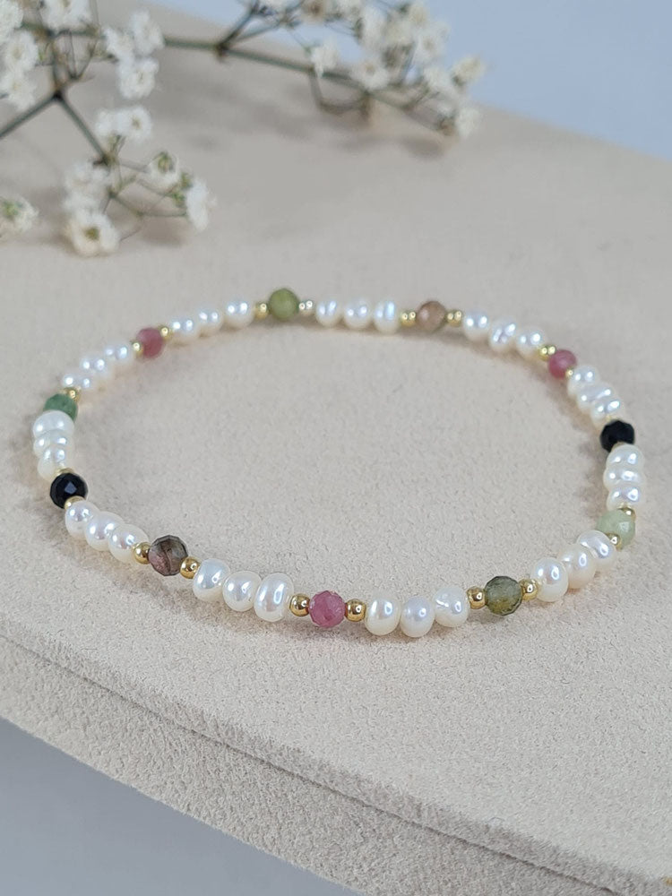 Armband Süsswasserperlen mit Turmalin und Silber vergoldet * (DAB 164)