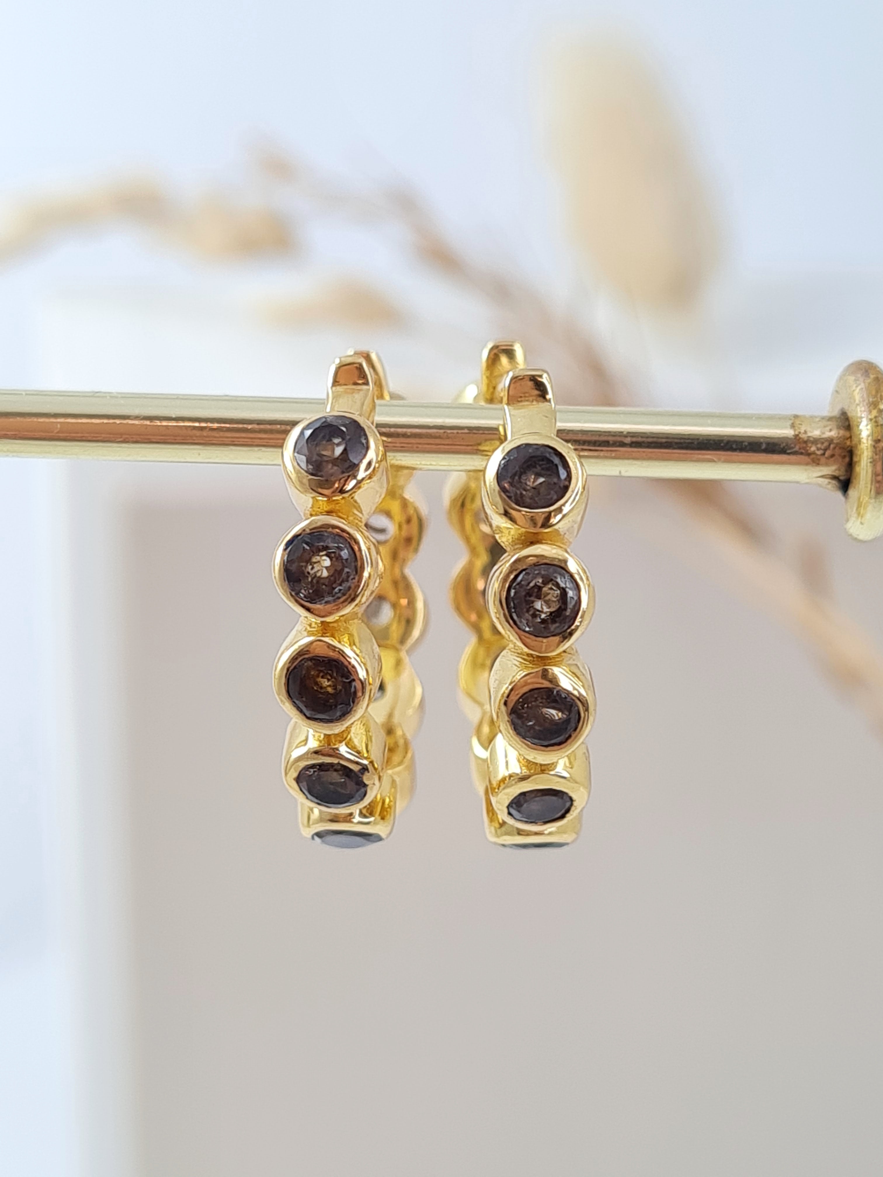 Vergoldete Damen Ohrringe mit Rauchquarz | Edle Creolen aus 925 Sterling Silber (DOS 152)