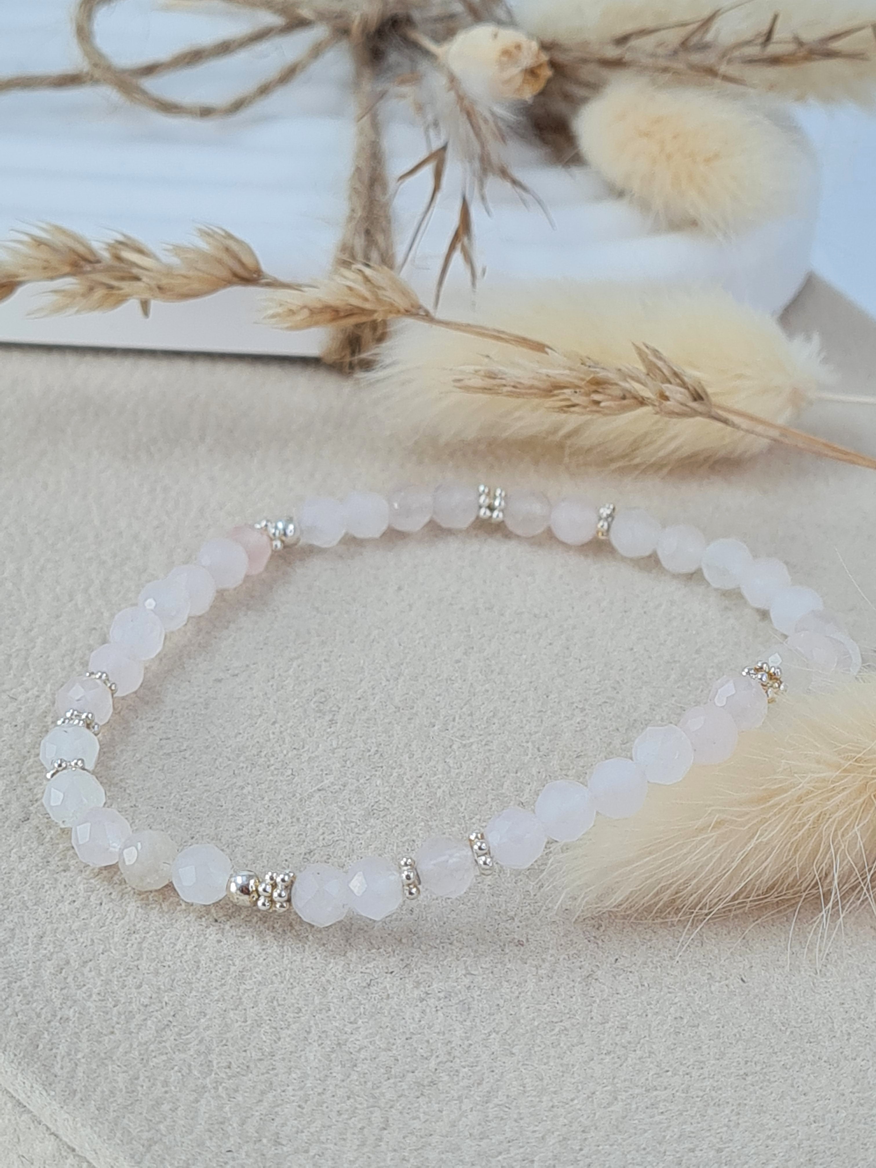 Rosenquarz Armband Damen 4 mm | Elastisch mit Silber-Elementen * (DAB 299)