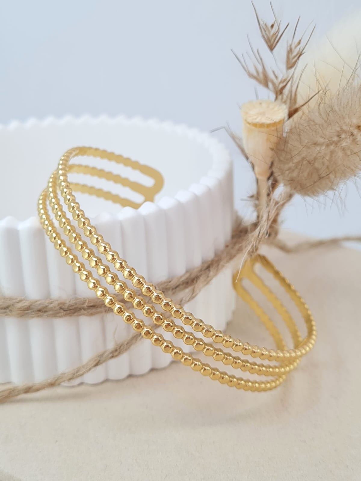 Armspange Edelstahl 14 K vergoldet | Dreireihiges Dots-Muster